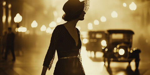 Flapper in New York concept. Old movie style profile portrait of young girl at night street of Big Apple city. Moody retro atmosphere of the beginning of XX century. Outdoor sepia shot
