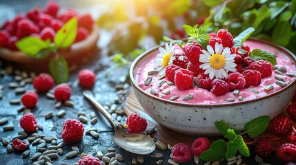  Raspberry yogurt bowl with fresh berries and a spoon