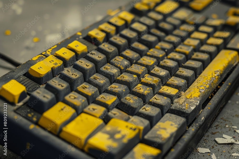 Aufkleber detailed view of a dusty keyboard with yellowed keys, a dusty keyboard with yellowed keys