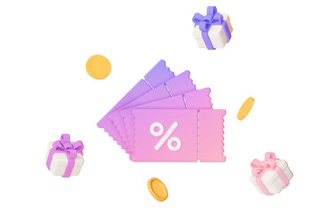 3d coupons with white gifts, with gold coins on isolated background. Promotion for your ads with present box and voucher. 3d rendering illustration..