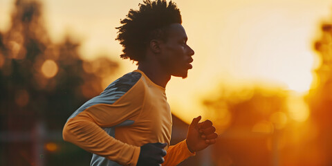 Beyond all boders concept. African athlete running with all his might to victory. Golden hour. Text space. Outdoor shot