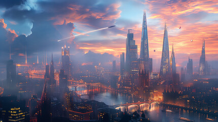 Fototapeta premium Futuristic Cityscape at Sunset