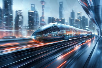 A highspeed maglev train zooms through a city at night, showcasing the dynamic movement and urban setting, A dynamic illustration of a high-speed maglev train zooming through a futuristic cityscape