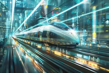 A high speed train zooming through a city at night, illuminated by bright lights and moving rapidly, A dynamic illustration of a high-speed maglev train zooming through a futuristic cityscape