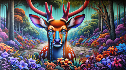 A deer with its head down and its mouth open, surrounded by a colorful forest. Scene is sad and melancholic