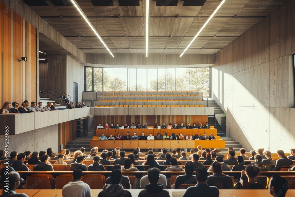Poster a lecture hall packed with students listening to a professor deliver a lesson, a dynamic visualizati