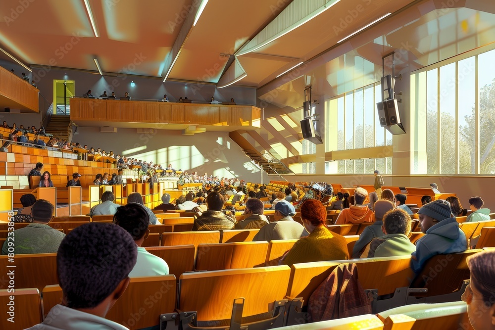 Poster a bustling college lecture hall packed with students and professors engaged in learning and teaching