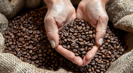 Woman, hand and coffee beans with pattern of grain for farming, produce and organic harvest. Roast, fresh and person with texture of brown seed for caffeine, ingredient and natural growth in Brazil
