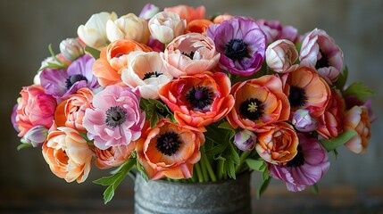 Obraz premium Vase filled with colorful flowers on wooden table against wall