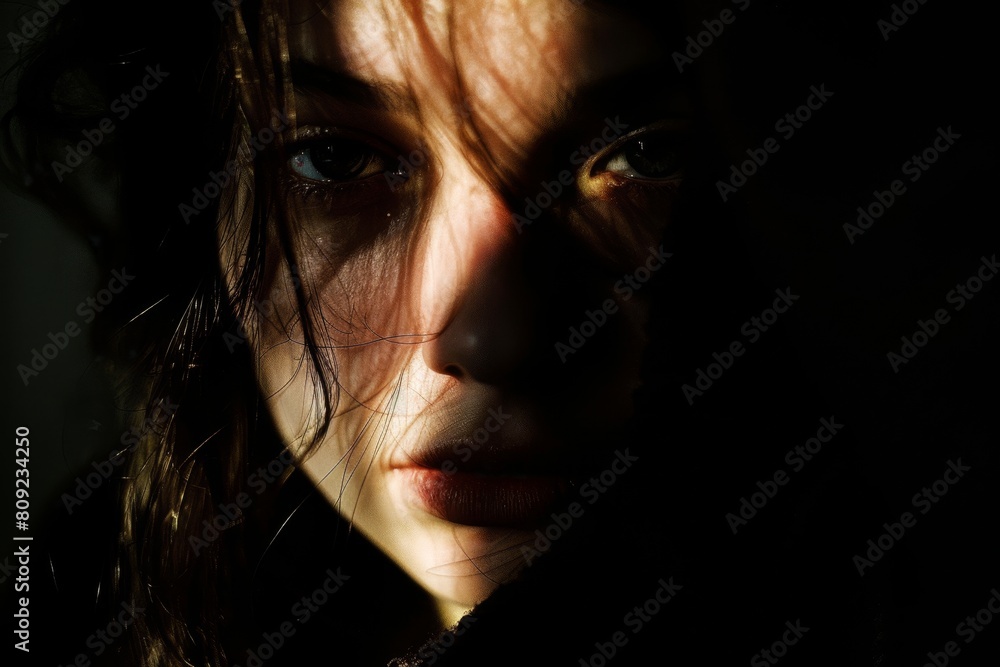 Aufkleber a womans face partially obscured by shadows in a dark setting, a face that is partially obscured by 