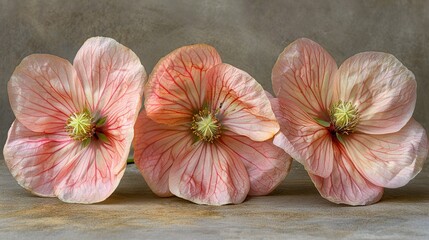   A cluster of pink blossoms rests atop a wooden slab beside a gray background