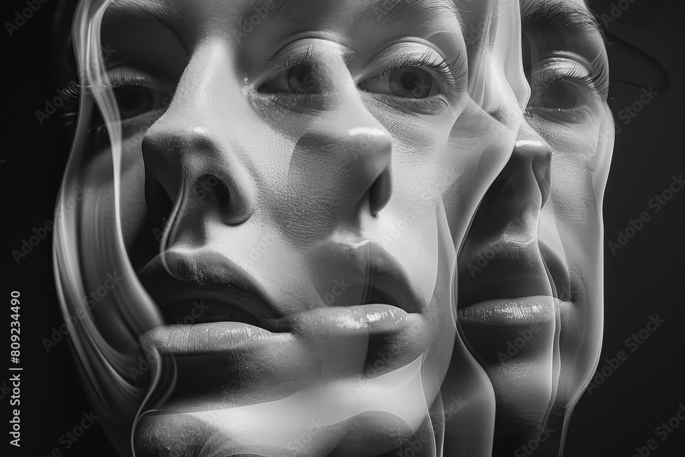 Poster black and white close-up of a womans face with subtle changes and expressions, a face that seems to 