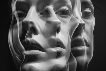 Black and white close-up of a womans face with subtle changes and expressions, A face that seems to be morphing and changing right before your eyes