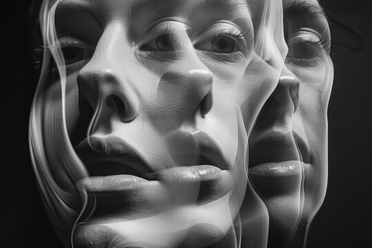 Black and white close-up of a womans face with subtle changes and expressions, A face that seems to be morphing and changing right before your eyes