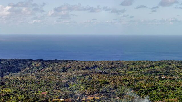 Vanuatu, Tafea Province, Tanna Island, Mount Yasur volcano, overview with fumaroles and jungle in the foreground