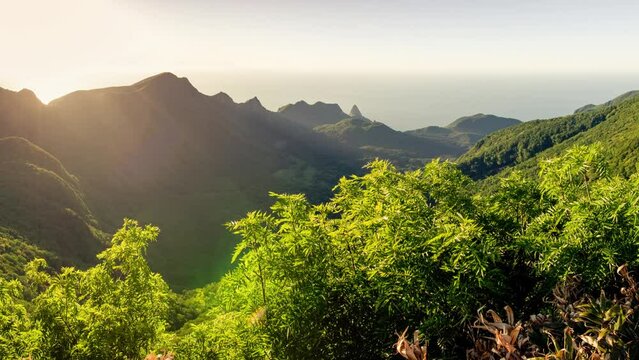 South Korea, North Gyeongsan Province, Ulleungdo Island, Seonginbong, panoramic view of mountains, forest and the sea from the top of Mount Seongin, 984 meters, highest summit of Ulleung Island
