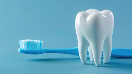 Dental care concept with white tooth model and toothbrush on light blue background. Generated AI