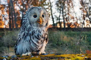 A beautiful owl, the Ural Owl, sits on a tree in the forest.
