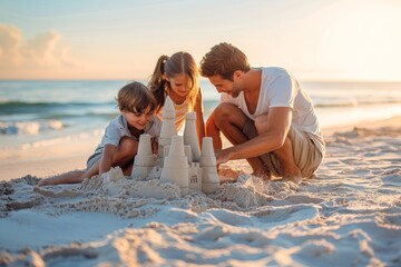A family with children building a sandcastle together on a sandy beach, A family building a sandcastle on the beach