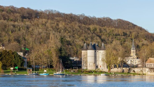 France, Eure, Vernon, panorama, old Mill built on the broken medieval bridge spanning the Seine river, Saint-Nicolas de Vernonnet church, Tourelles castle and water sports center