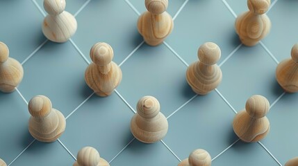 Wooden pawns arranged in a network pattern on a blue surface