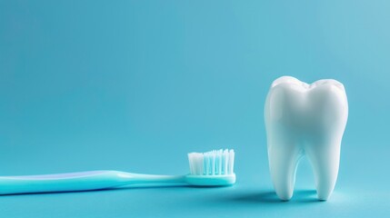 Dental care concept with white tooth model and toothbrush on light blue background. Generated AI