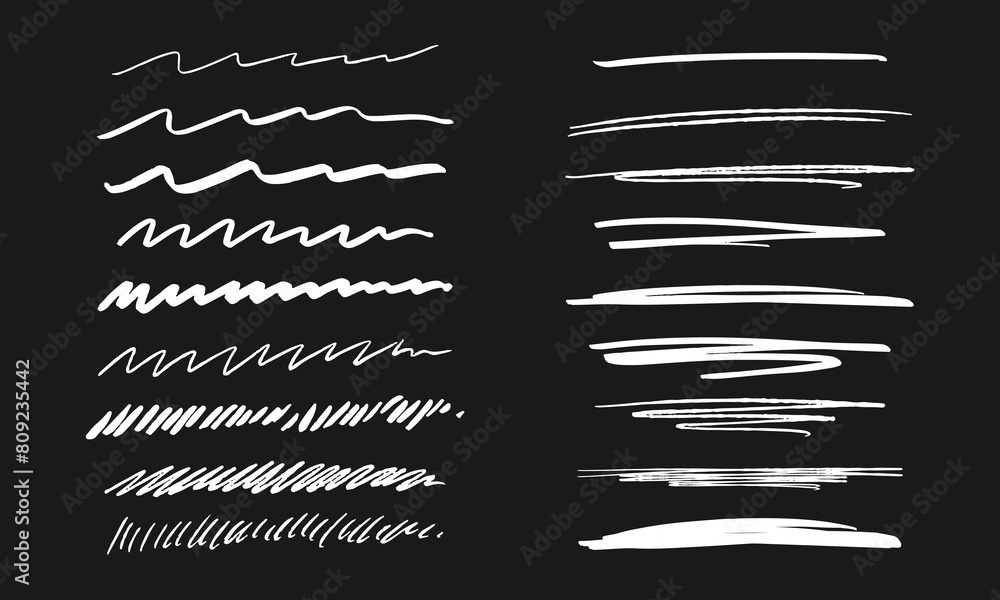 Poster underlining and scribbling. collection of eighteen randomly drawn white squiggles and doodles on a b