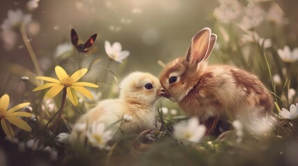 a cute baby bunny and chick tenderly kissing on the face amidst a picturesque spring garden adorned with vibrant wildflowers and daisies.