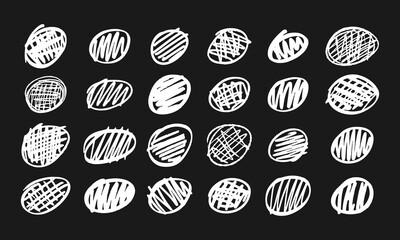 Circle strikethroughs and scribbles. Collection of twenty-four randomly drawn white squiggles and doodles on a black background. Vector set of handwritten symbols and signs