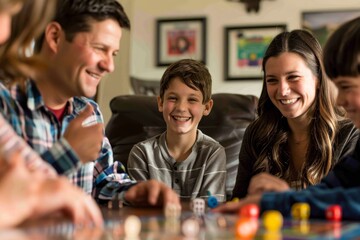 Fototapeta premium A family of four engages in a board game, laughing and strategizing together, A family game night filled with laughter and competition