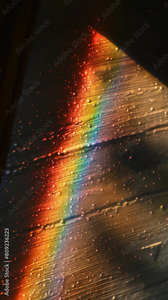 Poster sunlight refracting through water droplets on glass creating a rainbow