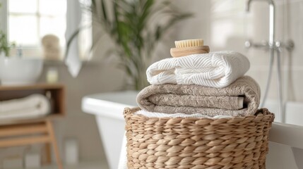 Closeup stack of fresh clean laundry on rattan basket in house bathroom. Generated AI image