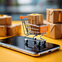 Shopping Trolley cart with gift present boxes on mobile smartphone Online ecommerce internet digital business concept