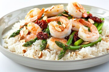Golden Brown Almond Asparagus Shrimp Rice Bowl with Sun-Dried Tomatoes