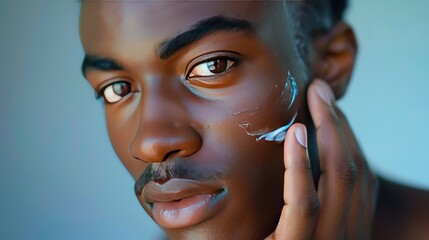 Closeup a confident young black man afro model applying beauty skin serum on his face. Generated AI