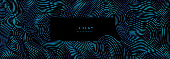 Luxury wavy linear banner. Shiny blue waves on black background. Swirl pattern. Template with gradient lines. Decorative stormy sea, ocean. Curved lines. Water texture. Flowing liquid