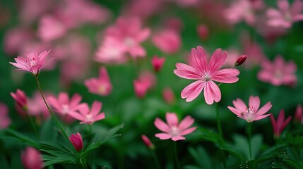   A field with blooming pink flowers and pink background