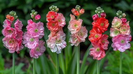   Row of pink and red flowers against green background with bush in backdrop