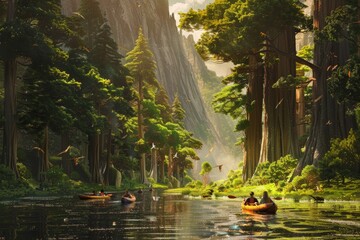 Two individuals paddle a canoe along a winding river, A family kayaking down a winding river,...
