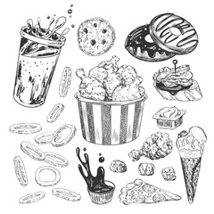 Set of fast food. Sketch style chicken nuggets, dipping sauce, donut, fried onion rings, soda, ice cream, pizza, tapas. Hand drawn collection of street food isolated in white background