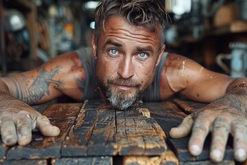 Tattooed Man Leaning on Wooden Table