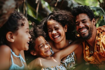 Fototapeta premium A group of people, likely a family, smiling joyfully together, possibly on vacation or at a special event, A family laughing together on a vacation