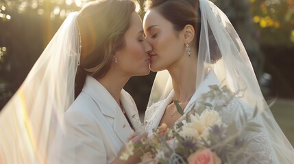 two woman brides kissing one bride is wearing a white suit, lesbian couple, candid