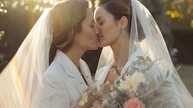 two woman brides kissing one bride is wearing a white suit, lesbian couple, candid