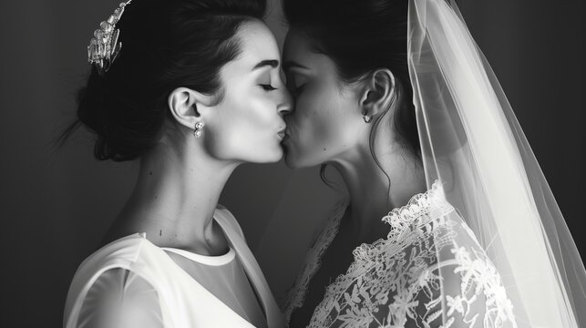 two woman brides kissing one bride is wearing a white suit, lesbian couple, candid