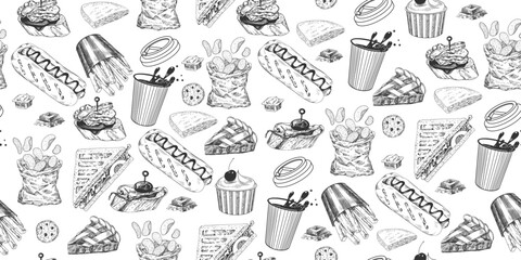 Seamless pattern with fast food sketches. Hand drawn french fries, hot dog, glass of coffee, ice cream, sandwich, bag of chips, khachapuri, apple pie. Set of street food isolated in white background