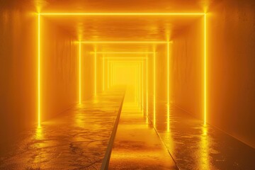 An empty underground yellow room like tunnel with bare walls and lighting metro