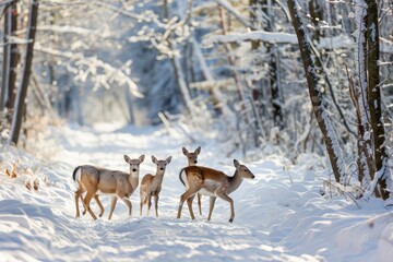 A family of deer navigating through a snow covered forest with caution, A family of deer cautiously navigating through a snowy forest