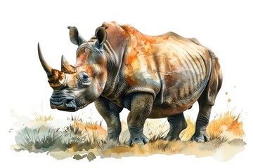 Fototapeta premium Black rhinoceros, Pastel-colored, in hand-drawn style, watercolor, isolated on white background