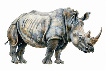 Fototapeta premium Black rhinoceros, Pastel-colored, in hand-drawn style, watercolor, isolated on white background